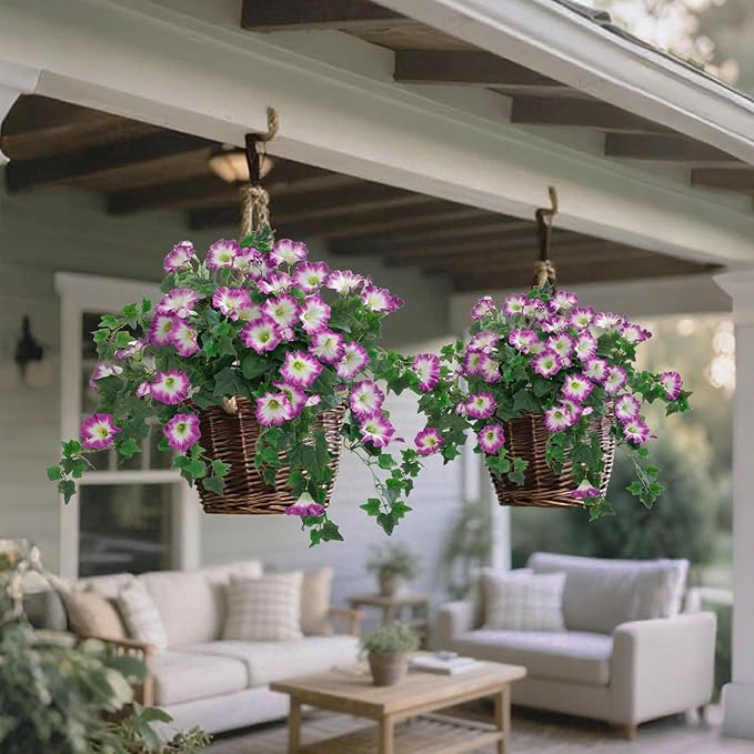 Artificial Fake Flowers Plants for Outdoor Decoration, 2PCS Faux Petunias Silk Plants UV Resistant Realistic Porch Garden Balcony Decor, Fake Flowers for Outdoor Planters Home Decor(Pure purple-red)