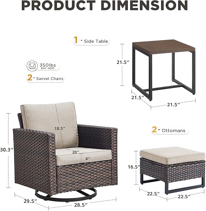 Patio Furniture Set with Swivel Chairs-5 Piece Outdoor Swivel Rocker Patio Chairs with Ottomans Rattan Side Table, Comfy Cushion Outdoor Furniture Set for Porch Deck Garden Backyard(Brown/Beige)