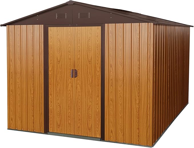 Sheds & Outdoor Storage 8ft x 10ft Iron Storage Shed with Metal Foundation Metal Garden Shed Tool Storage Cabinet with Secure Sliding Doors with Padlock for Backyard, Patio, Poolside, Coffee