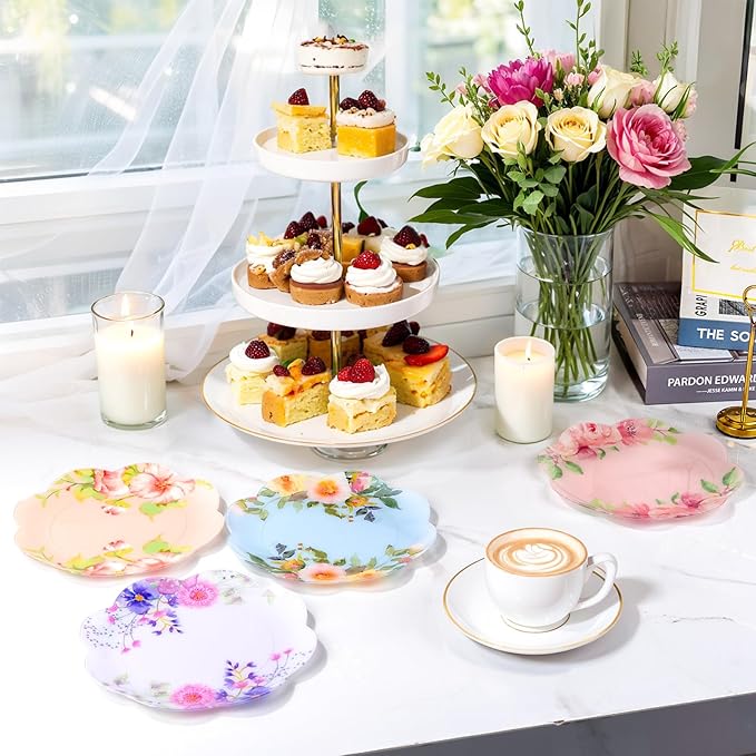 60Pcs Floral Plastic Plates - 7.5inch Dessert Plate Disposable - Heavy Duty Tea Party Plates - Premium Flower Plate Decorations for Birthday Baby Shower Wedding Party Supplies