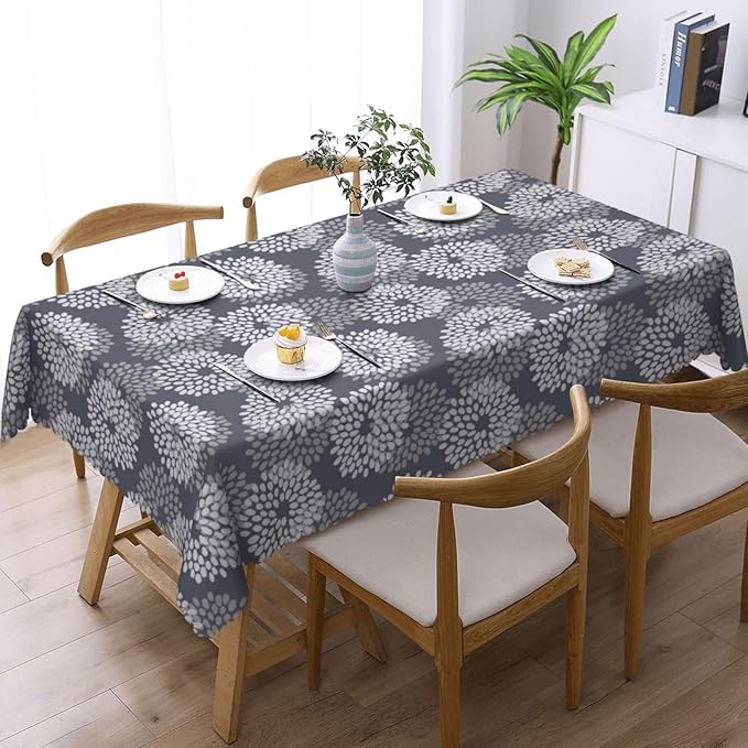 White Grey Floral Table Cloth for Dining Tables,Reusable Abstract Seamless Flower Tablecloths Modern Tabletop Decoration Flowers Rectangle Table Cover for Kitchen,Party,Holiday, 54x72Inch
