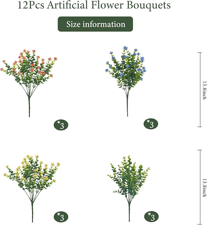 Artificial Flowers Outdoors, 12 Bundles Fake Flowers UV-Anti for Decoration Faux Plastic Plants Garden Porch Window Box Décor, YellowPurpleBlueGreen