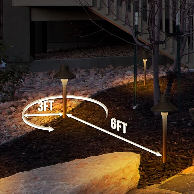 GKOLED Solid Brass Landscape Path Lights (5" Shade, 20" Tall), Low Voltage LED 3W 12-24V China Hat Path Lighting, Outdoor Waterproof Walkway Light, 2700K Warm White, with Stake and G4 Bulb, 12 Pack