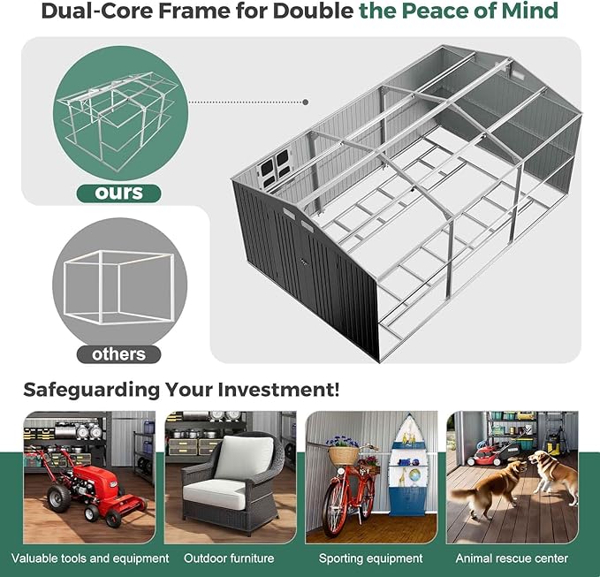 Metal Shed 10x16 FT with Floor Frame Kit, Big with Heavy-Duty Reinforced Steel Frame and Customizable Skylight, Lockable Doors, 4-Pane Windows, Large Outdoor Storage for Garden, Tools, and Utility