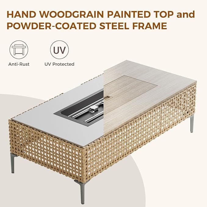 Grand patio 15-Piece Patio Furniture Set with 47" Fire Pit Table, Outdoor Conversation Set & 50,000 BTU 47 Inch Rectangle Propane Fire Pit & Storage Box with Water Resistant Thick Cushions, Cream