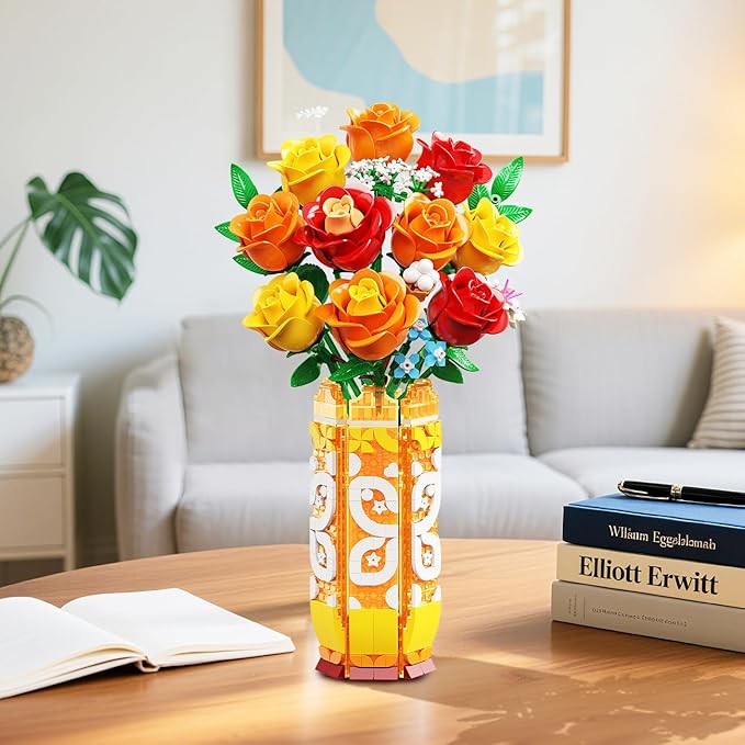 Flower Bouquet Building Set with Vase & LED Light, Yellow, Orange and Red Roses 3.6MM Mini Botanical Building Block Toys, Gifts for Friends, Artificial Flowers for Office Home Decor & Display