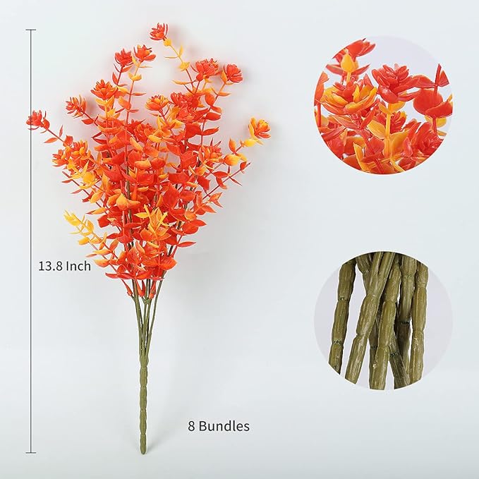 RECUTMS 8 Bundles Artificial Fall Flowers No Fade Faux Autumn Plants, Fake Indoor Outdoor Greenery for Thanksgiving Christmas Wedding Party Home Garden Fireplace Décor (Golden)