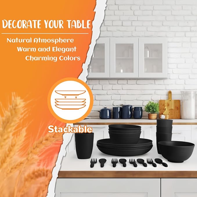 Wheat Straw Dinnerware Sets, Unbreakable Plates and Bowls Sets 20-Piece Service for 4，Plastic Outdoor Camping Dishes, Microwave & Dishwasher Safe - Black