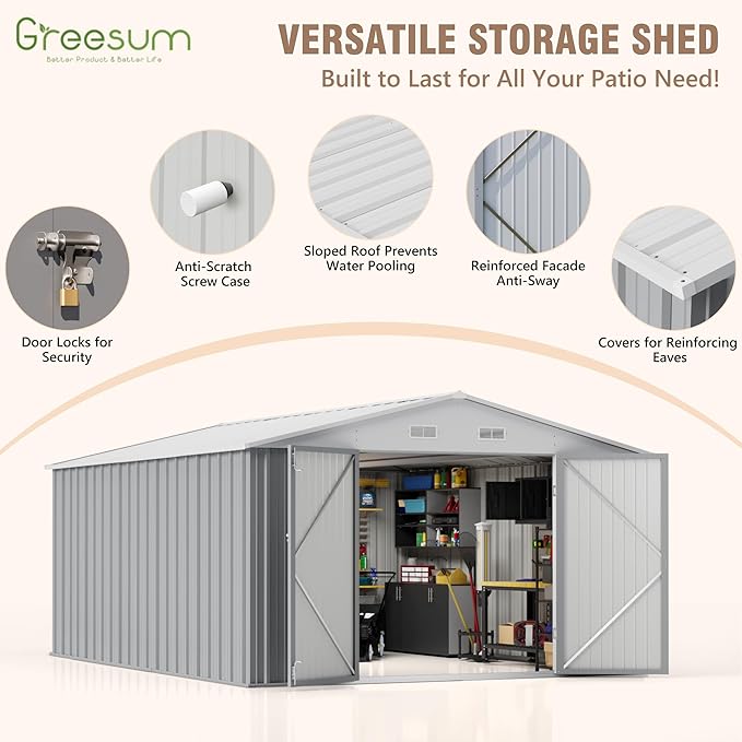Greesum 10×14 FT Outdoor Storage Shed, Metal Storaged Sheds Without Floor, Tool Sheds with Lockable Doors and Sloping Roof for Garden, Patio, Backyard, Gray