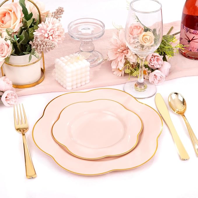 Liacere 50PCS Pink Plastic Plates - Heavy Duty Pink Disposable Plates - Pink and Gold Plastic Plates Include 25PCS Pink Dinner Plates,25PCS Pink Dessert Plates for Mother's Day& Baby Shower Gifts