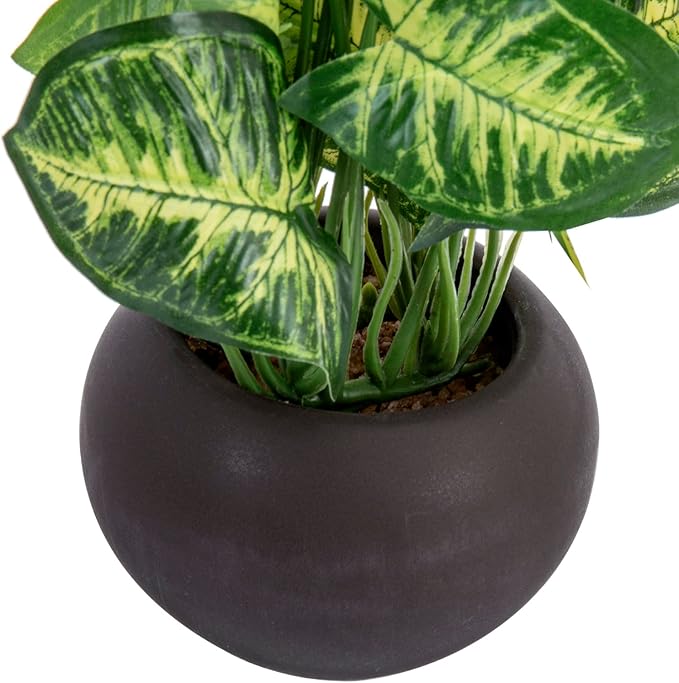 MyGift Modern Trio of Artificial Assorted Green Leaf Plants Potted in Decorative Round Brown Ceramic Pots, Faux Foliage Indoor Tabletop Houseplants, 3 Piece Set