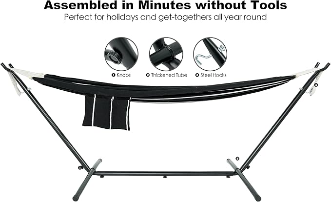 Double Hammock with Stand for Outside, Upgraded Spreader Bar, Heavy Duty Space Saving Steel Stand 2 Person, Side Pockets, Easy Assembly, 600lbs Weight Capacity, Indoor & Outdoor (Darkness)
