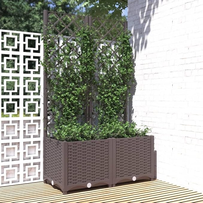 Garden Planter Box with Trellis, Outdoor Raised Garden Bed for Climbing Plants, Brown 31.5"x15.7"x53.5" PP