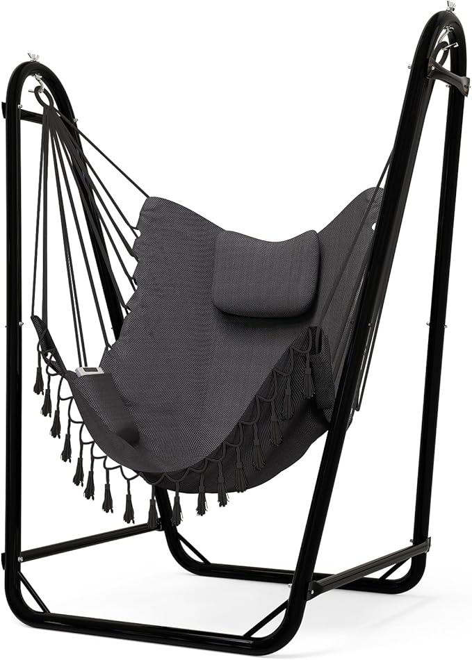 Unique U-Shaped Hammock Chair with Stand,Sturdy & Rust-Resistant,Free Gray Cotton Hammock Chair
