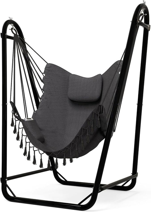 Unique U-Shaped Hammock Chair with Stand,Sturdy & Rust-Resistant,Free Gray Cotton Hammock Chair
