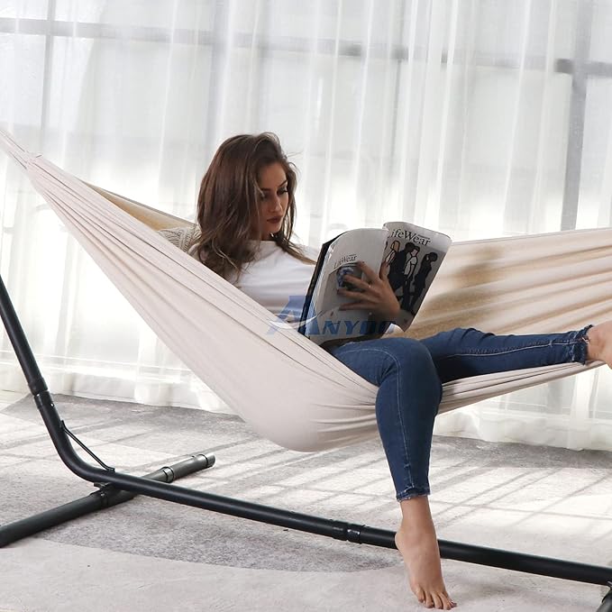 ANYOO Cotton Hammock Portable Camping Hammocks for Hanging Sturdy Garden Comfortable Fabric Hammock with Tree Straps Up to 660lbs with Travel Bag for Camping Outdoor/Indoor Patio Backyard