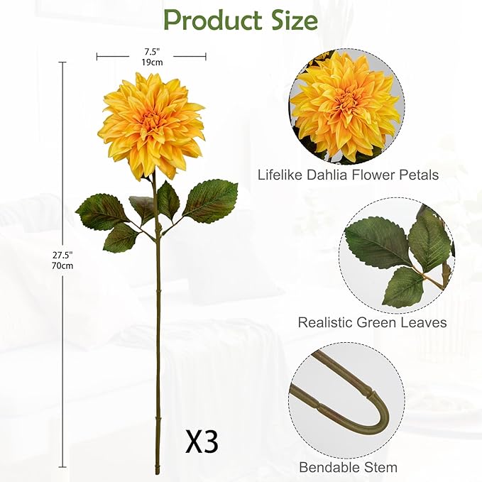 3Pcs Yellow Artificial Dahlia Flowers Fall Fake Flower Silk Flowers with Long Stem 27.5" Floral Arrangements Bouquets Autumn Faux Dahlias Flowers for DIY Wedding Party Centerpieces Home Decor
