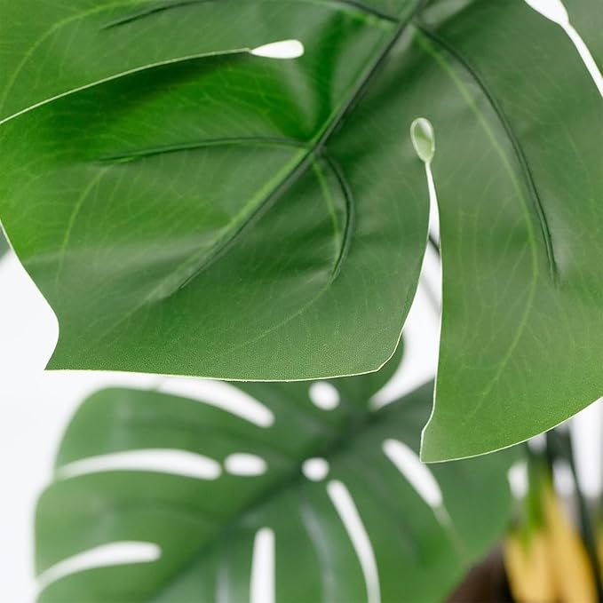 Artificial Tree in Black and Brown Striped Planter, Fake Monstera Silk Tree for Indoor and Outdoor Home Decoration - 65" Overall Tall (Plant Pot Plus Tree)