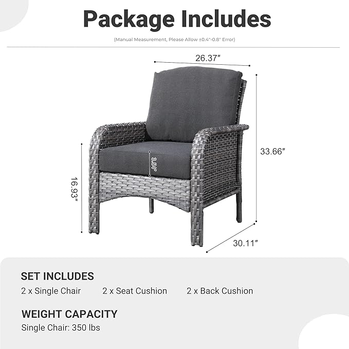 ovios 2 Pieces Patio Furniture Set, Outdoor Wicker Chairs of 2, All Weather High Back Rattan Chairs 2-Seater with Comfy Cushions for Porch Deck, Black