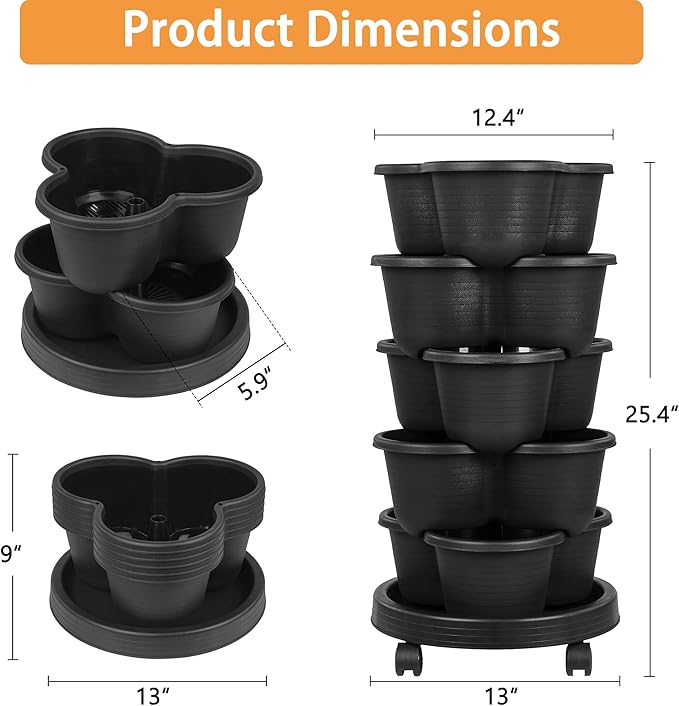 VECELO 5 Tier Vertical Garden Planter, Self Watering Stackable Planters with Wheels for Strawberries, Herbs, Flowers, Vegetables, Black