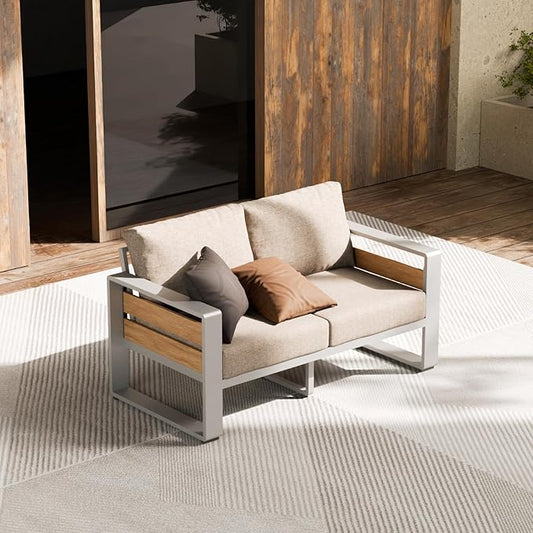 ZANDOR Outside Aluminum Lawn Furniture - 1 Pcs Loveseat, All-Weather Metal Modern Outdoor Loveseat Sofa with Washable Thick Cushion for Garden/Backyard/Porch, Silver