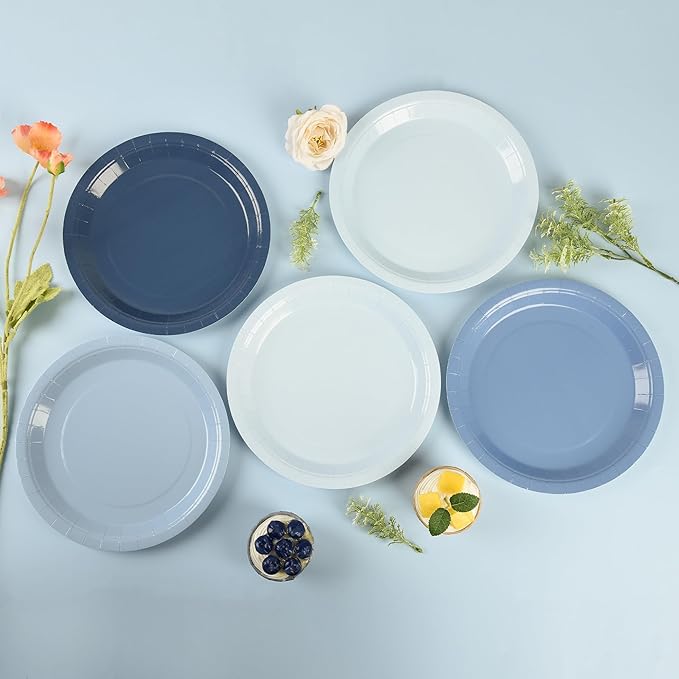 Dusty Blue Paper Plates Gradient Blue Party Plates 7”Disposable Round Dessert Plates for Birthday Wedding Bridal Engagement Baby Shower Party Supplies 4 Colors (48)