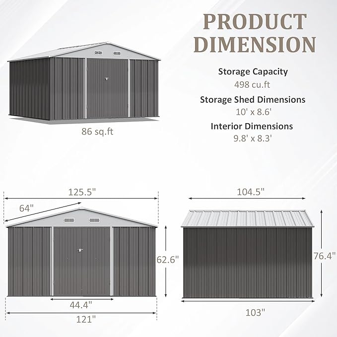 Greesum 10×8FT Outdoor Storage Shed, Metal Patio Storaged Sheds with Lockable Doors, Sheds & Outdoor Storage for Bike, Backyard, Pool and Garden, Gray