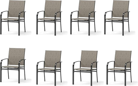 8 Pieces Outdoor Textilene Dining Chairs,Patio Dining Chairs Set, Fixed Patio Chairs with Armrest, Brown