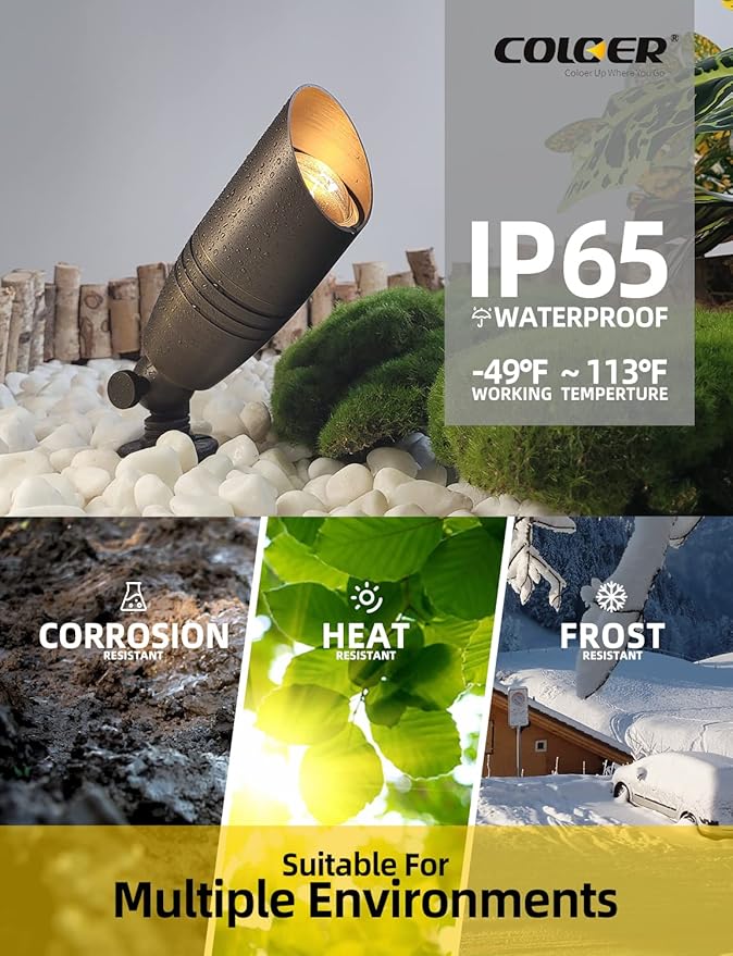 COLOER Die-cast Brass Landscape Spotlights Outdoor with 5W Aluminum Housing LED MR16 Bulb 2700K 450LM,12V AC/DC Low Voltage Lighting, Outdoor Directional Up Light, Spot Lights for Yard(102B,1 Pack)