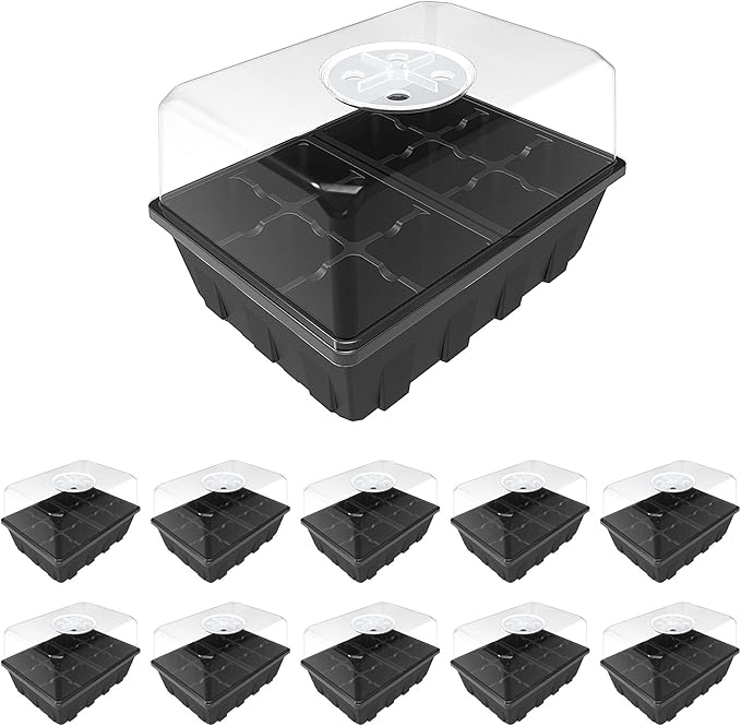 Gardzen 10 Pack Seed Starting Tray, Plant Germination Trays, Seed Starter Kit with Adjustable Humidity Vented Dome, Plant Growing Kit 6.6" x 4.5", Total 120-Cell, Black