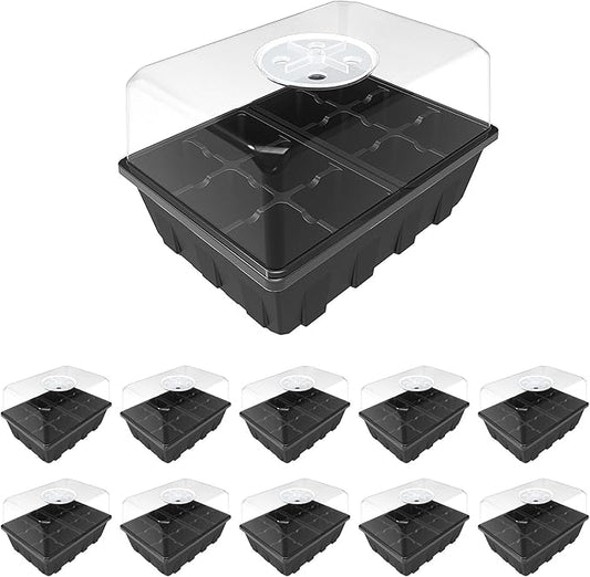 Gardzen 10 Pack Seed Starting Tray, Plant Germination Trays, Seed Starter Kit with Adjustable Humidity Vented Dome, Plant Growing Kit 6.6" x 4.5", Total 120-Cell, Black