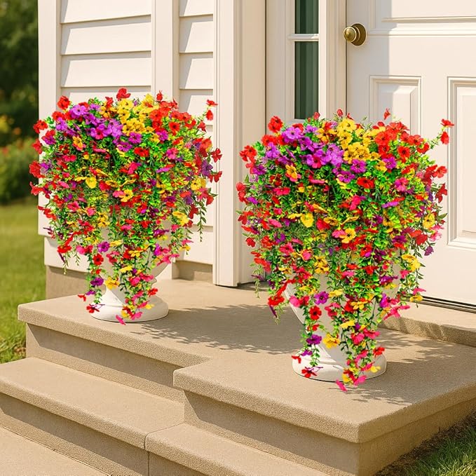 8PCS Artificial Hanging Flowers for Outdoors,Hanging Outdoor Faux Plants,UV Resistant Fake Flowers for Outdoor Planters,Realistic Fake Plants Spring Decor for Porch,Patio,Yard (RedYellowPurple)