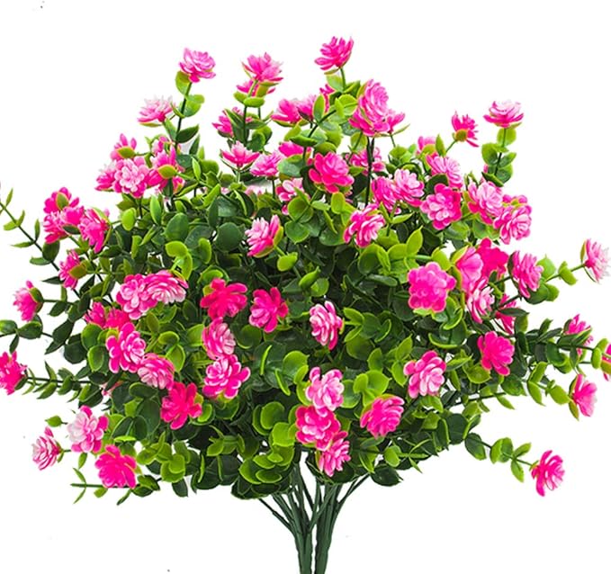 Artificial Flowers, Fake Outdoor UV Resistant Plants Faux Plastic Greenery Shrubs Indoor Outside Hanging Planter Home Kitchen Office Wedding, Garden Decor (Pink)