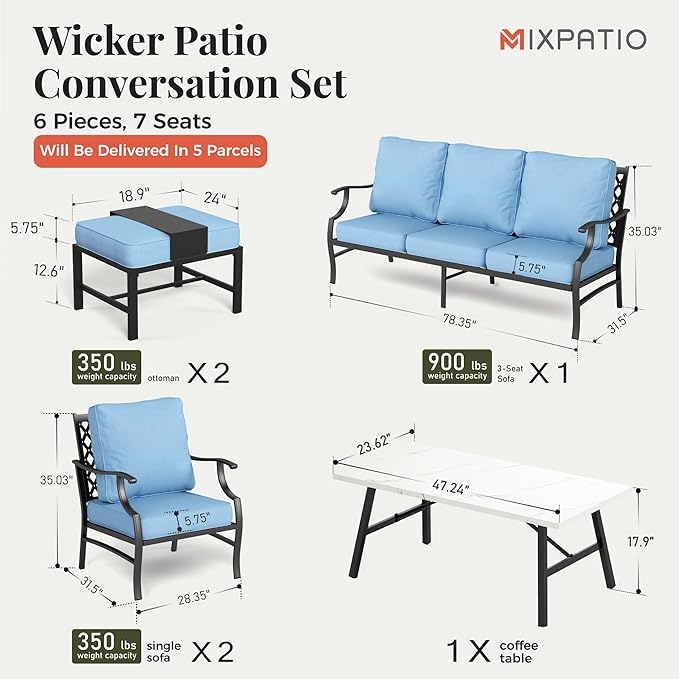 Patio Furniture Set 6 pcs, Outdoor Patio Furniture, 3-Seat Sofa, 2 Single Chairs, 2 Ottomans, Coffee Table and 5.75" Extra Thick Cushion, Patio Conversation Set for Garden Backyard Deck,Blue
