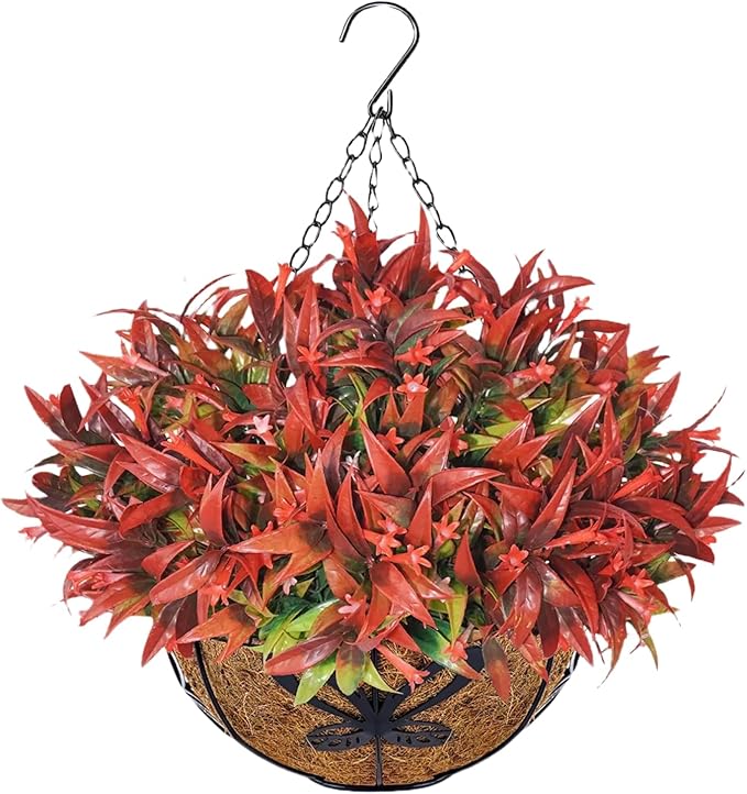 Uieke Artificial Hanging Flowers for Outdoors with Hanging Basket, 22.8" 10pcs UV Resistant Fall Faux Flowers, Fake Hanging Plants for Autumn Garden Porch Patio Balcony Decoration