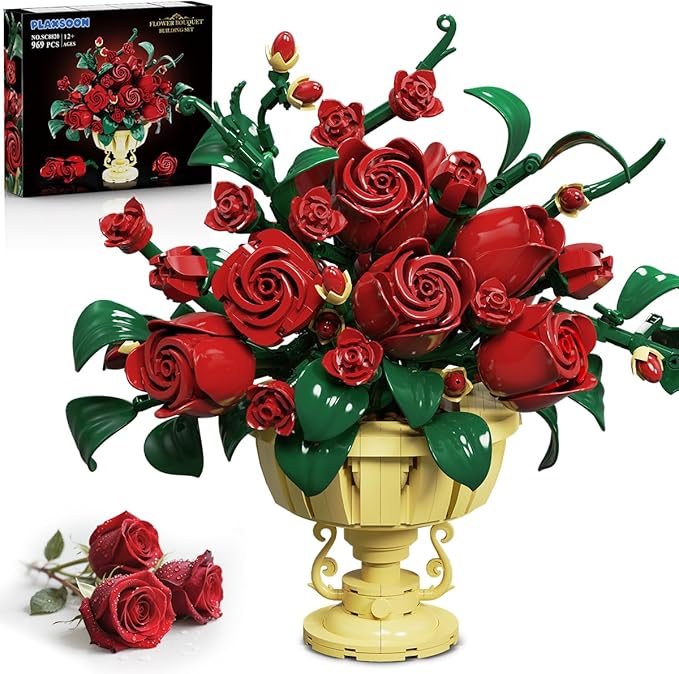 Rose Flower Building Set, 969 PCS Botanicals Flowers Bouquet Building Block Kit with Pot, Artificial Bonsai Plant Collection Office Home Decor, Birthday Gift for Adults Women Boys Girls 12+