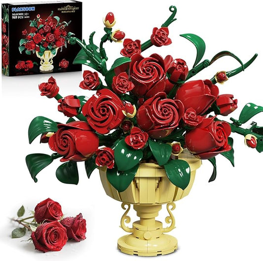 Rose Flower Building Set, 969 PCS Botanicals Flowers Bouquet Building Block Kit with Pot, Artificial Bonsai Plant Collection Office Home Decor, Birthday Gift for Adults Women Boys Girls 12+