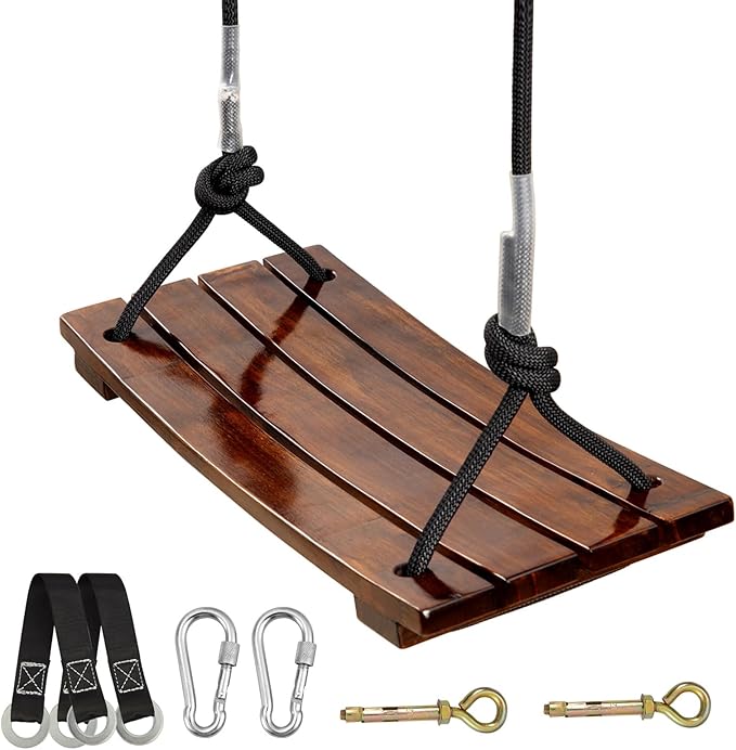PELLOR Wooden Swing Seat, Carbonized Hanging Wood Tree Swing 17.7 x 7.9 x 0.5 in for Adult Kids Children Anticorrosive & 100% Waterproof 440lbs Load Indoor Outdoor Backyard Play