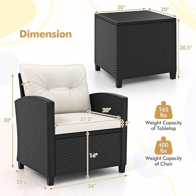 HAPPYGRILL 3 Pieces Wicker Patio Conversation Set, PE Rattan Bistro Sofa Set with Tempered Glass Coffee Table, Washable Cushions, Outdoor Furniture Set for Garden Poolside Balcony (Off White)