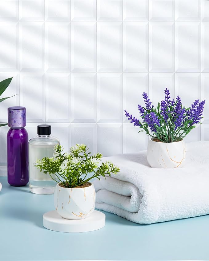 2 Pack Artificial Pot Flowers Small Fake Plants, Artificial Lavender & Wildflower Potted Plants, Fake Mini Plants for Home Decor, Tabletop, Shelf, Office, Bathroom, Farmhouse