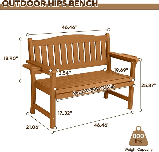 2-Person HIPS Outdoor Benches, Weatherproof Garden Bench with 800 lbs Weight Capacity, Artificial Wood Grains, Never Rot or Fade, Patio Benches for Garden, Porch, Balcony, Backyard,Park, Brown