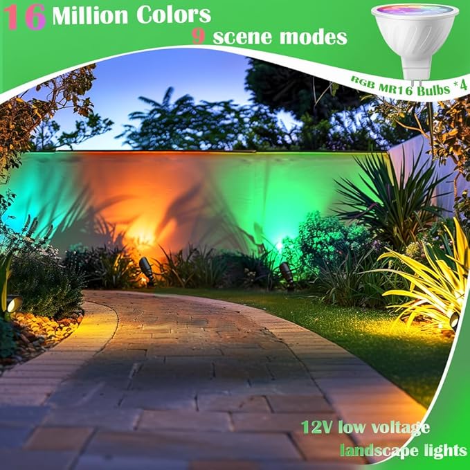 RGB Landscape Lighting, Smart Low Voltage Landscape Lighting Kit with Color Changing, 4 Pack 12 Volt Landscape Lights, Outdoor Spot Lights for Yard Garden Lighting,Remote/APP/Voice Control.