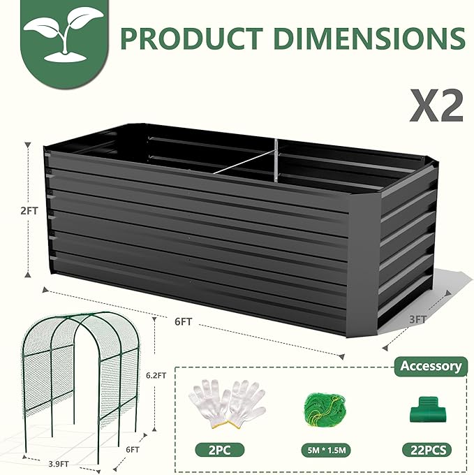 Raised Garden Bed with Arch Trellis for Climbing Plants,Galvanized Raised Garden Bed,Planter Boxes Outdoor for Vegetables Flowers Herb,269 Gallon Capacity Black