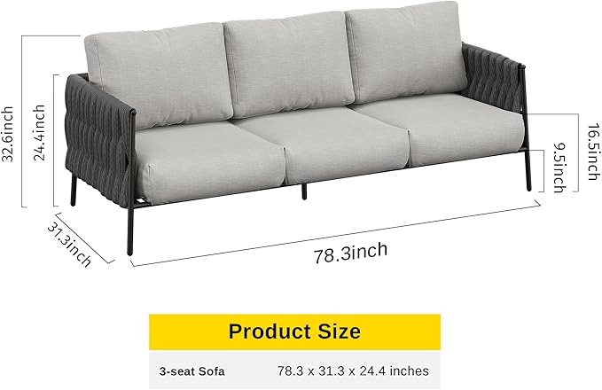 EAST OAK Patio Sofa 3-Seater, Outdoor All-Weather Couch with 6.7" Thick Washable Cushions, Heavy-Duty Steel Frame, Modern Garden/Porch/Backyard Furniture, Grey