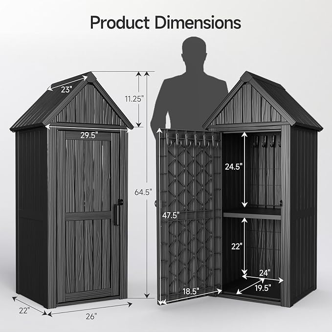 ONBRILL Multifunctional Storage Shed, Outdoor Storage Cabinet with Hooks and Lock Ring, Waterproof Outdoor Storage Shed for All Weather, Tool Outdoor Shed for Patio Lawn and Garden