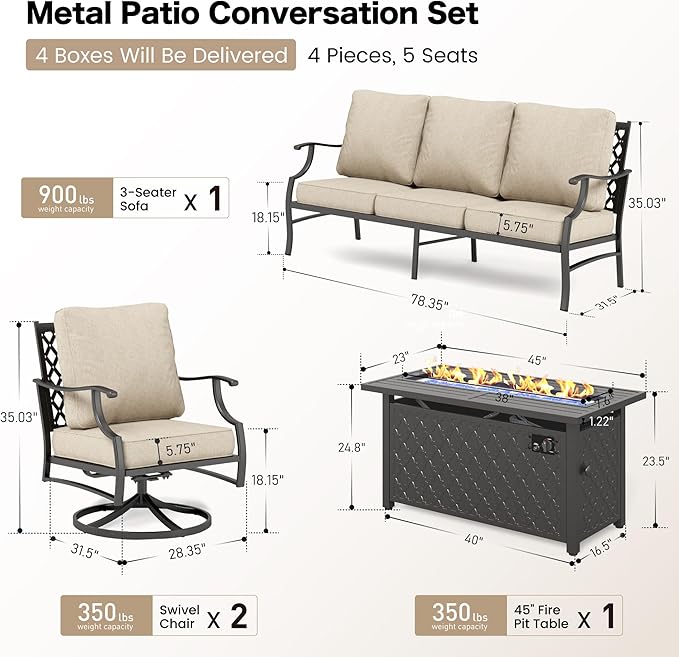 Patio Furniture Set with Firepit Table, 4 Piece Metal Outdoor Patio Furniture, 2 Swivel Chairs and 3 Seater Sofa with 5.75" Extra Thick Cushion and Gas Fire Pit Table for Backyard Deck