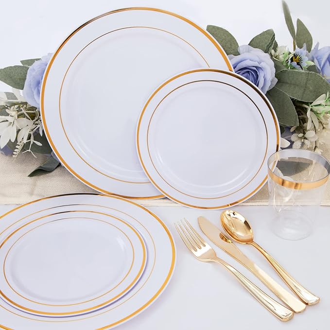 WELLIFE 150 Pcs Gold Plastic Plates, Plastic Dinnerware Set Includes: 25 Dinner plates 10.25", 25 Dessert plates 7.5", 25 gold Cups 9OZ and 25 gold Cutlery for Party