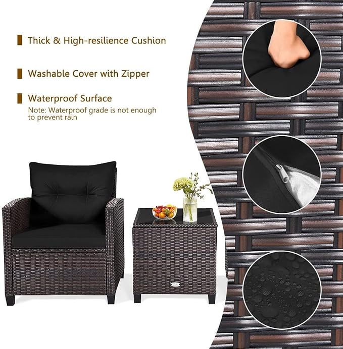 HAPPYGRILL 3 Pieces Patio Conversation Set, Outdoor Furniture Set PE Rattan Sofa Set with Removable Cushions, PE Wicker Chairs with Tempered Glass Side Table for Porch Lawn Garden Balcony Backyard