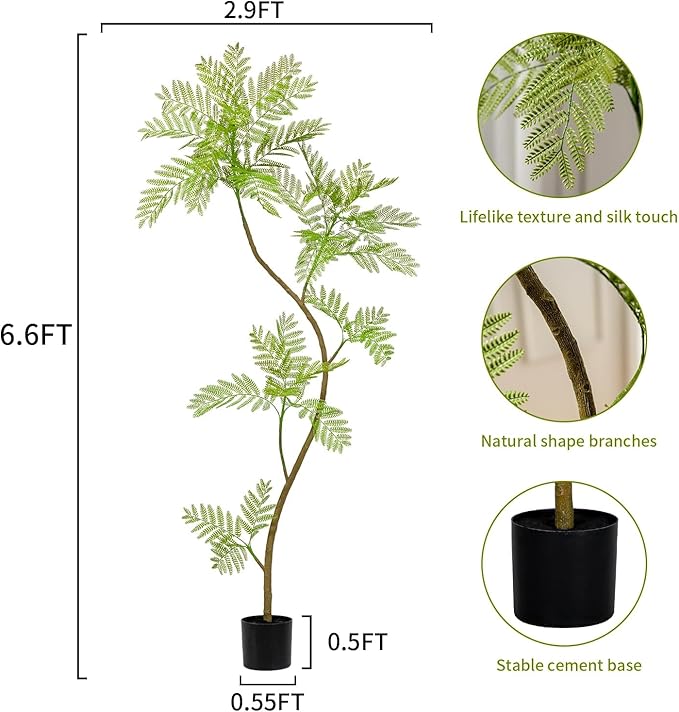 6.6FT Artificial Tree Fake Jacaranda Tree,Faux Tall Tree Lifelike Green Leaves Large Plants Indoor Fake Trees for Home Decor