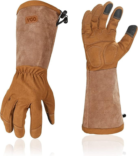 Vgo... Safety Work Gloves Men, Extended Pig Split Leather Cuff,Synthetic Leather, Rose Pruning Thorn Proof,Gardening(1 Pair,Size M, Brown,SL6592M)